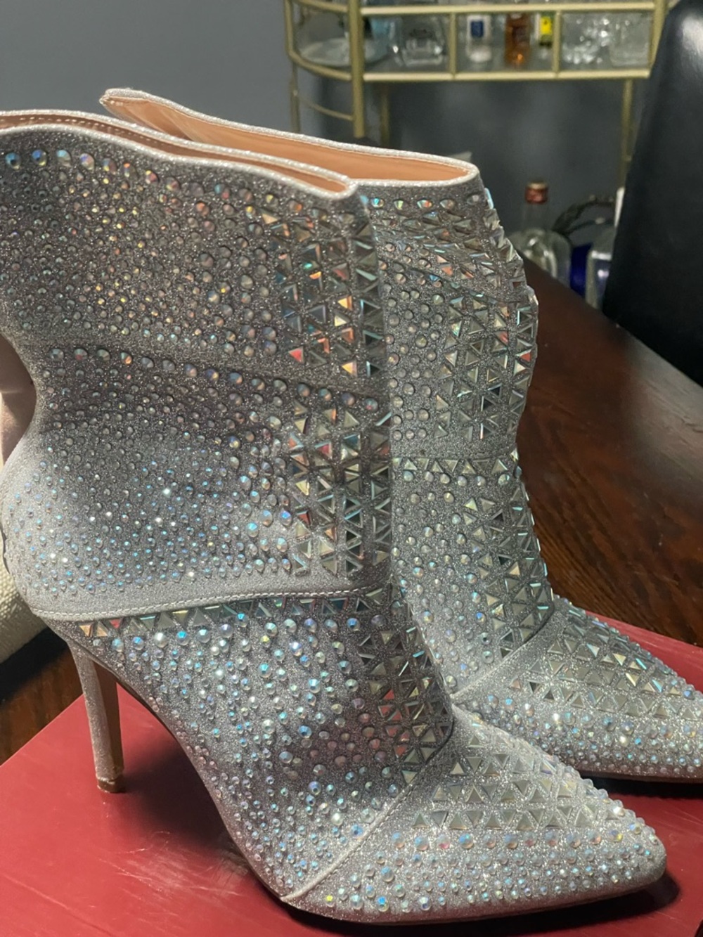 Embellished Silver Crystal Pointed Toe Stiletto Ankle Boots - Women
